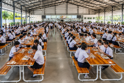โต๊ะโรงอาหาร BOSS-J มุมมองด้านข้าง โต๊ะไม้ระแนงสีเป็นธรรมชาติ