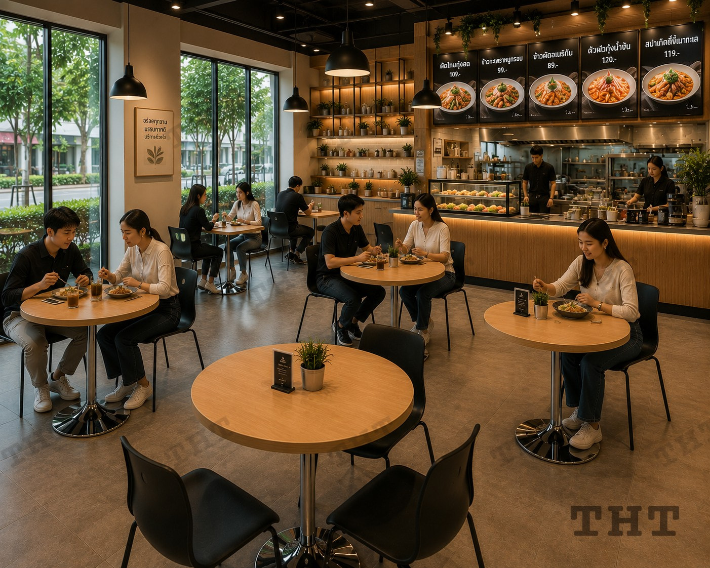 โต๊ะคาเฟ่หน้ากลม ขาแชมเปญชุบโครเมี่ยม เมลามีนลายไม้ 25 มม. SKU: 00430120 รูปที่ 2