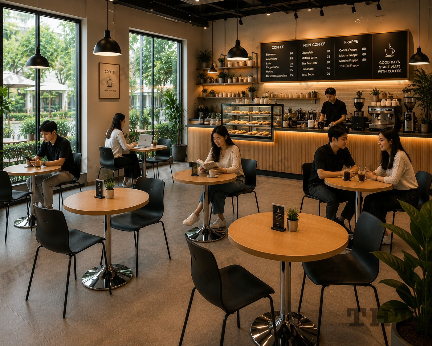 โต๊ะคาเฟ่หน้ากลม ขาแชมเปญชุบโครเมี่ยม เมลามีนลายไม้ 25 มม. SKU: 00430120 รูปที่ 3